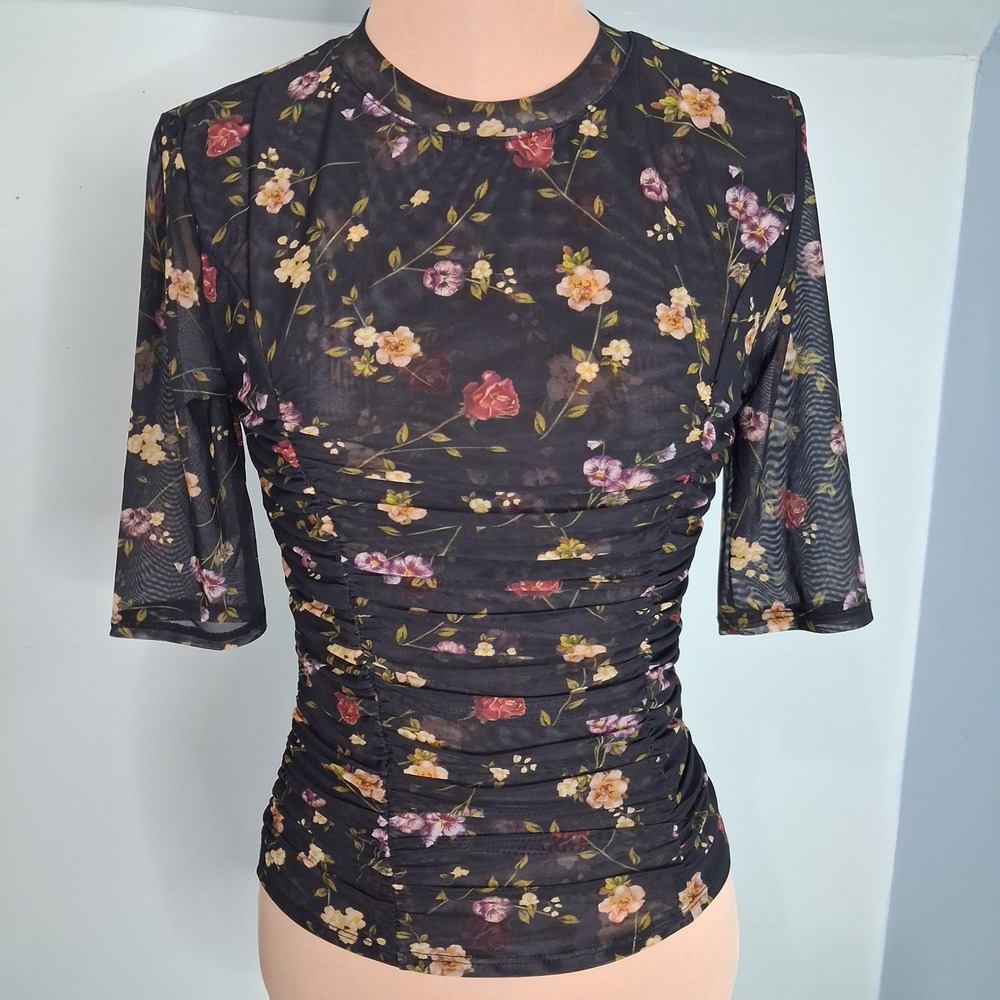 Guess Womens Black Floral Sheer Mesh Ruched Bodycon Top Size Small Elbow Sleeve